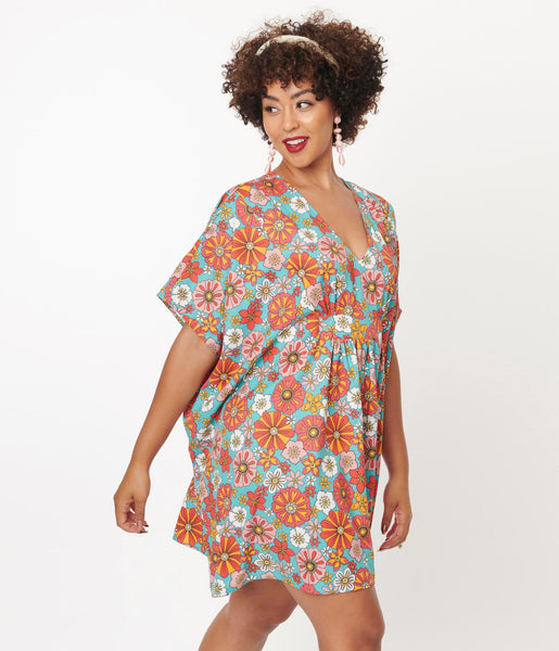 Turquoise & Pink Retro Floral Caftan Dress