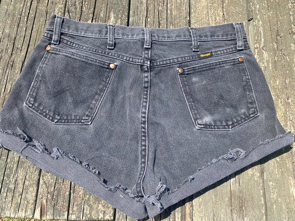 Vintage Cowgirl Wrangler Retro One Of A Kind Faded Black Jean Upcycled Cut Off Shorts