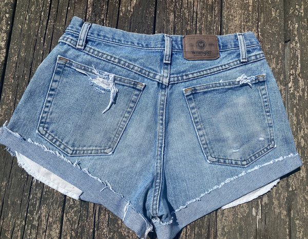 Vintage Cowgirl Wrangler One Of A Kind Light Blue Jean Upcycled Cut Off Shorts