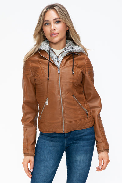 Layered Double-Zipper Jacket with Fuzzy Hood