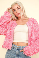 Shaggy Yarn Knit Pink Zip Up Jacket