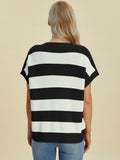 Full Size Striped V-Neck Short Sleeve Sweater