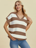 Full Size Striped V-Neck Short Sleeve Sweater