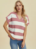 Full Size Striped V-Neck Short Sleeve Sweater