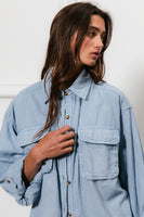 Denim Button Down Stitch Detail Shirt with Chest Pockets