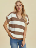 Full Size Striped V-Neck Short Sleeve Sweater