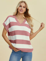 Full Size Striped V-Neck Short Sleeve Sweater