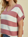 Full Size Striped V-Neck Short Sleeve Sweater