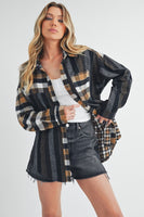 Curved Hem Plaid Button Up Shirt in Black