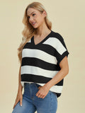 Full Size Striped V-Neck Short Sleeve Sweater