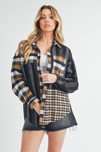 Curved Hem Plaid Button Up Shirt in Black