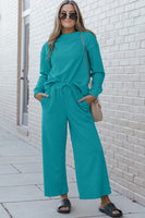 Textured Long Sleeve Top and Drawstring Pants Set