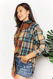 Plaid Curved Hem Shirt Jacket with Breast Pockets