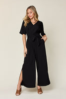 V-Neck Tie Front Short Sleeve Slit Jumpsuit