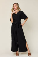 V-Neck Tie Front Short Sleeve Slit Jumpsuit