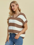 Full Size Striped V-Neck Short Sleeve Sweater