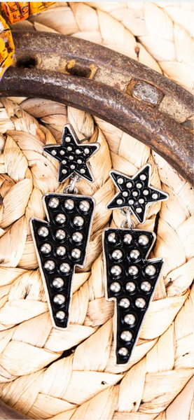 Star Studded Lightning Bolts Silvertone Studded Bar Earrings