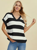 Full Size Striped V-Neck Short Sleeve Sweater