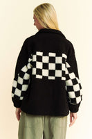 Full Size Checkered Snap Down Faux Fur Jacket