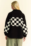 Full Size Checkered Snap Down Faux Fur Jacket