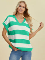 Full Size Striped V-Neck Short Sleeve Sweater