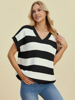 Full Size Striped V-Neck Short Sleeve Sweater