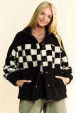 Full Size Checkered Snap Down Faux Fur Jacket