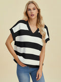 Full Size Striped V-Neck Short Sleeve Sweater