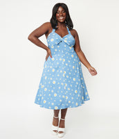 Blue & White Daisy Print Swing Dress