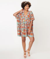 Turquoise & Pink Retro Floral Caftan Dress