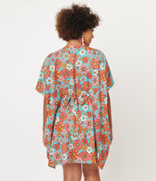 Turquoise & Pink Retro Floral Caftan Dress