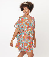 Turquoise & Pink Retro Floral Caftan Dress