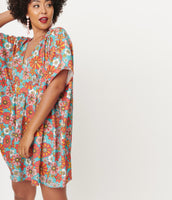Turquoise & Pink Retro Floral Caftan Dress