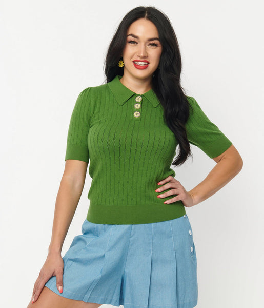 Avocado Green Retro Prim & Pretty Sweater