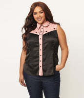 The Prettiest Peach & Black Sleeveless Fringe Prairie Girl Blouse