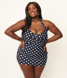 Navy & White Polka Dot Pinup Sheath One Piece Swimsuit