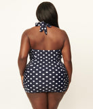 Navy & White Polka Dot Pinup Sheath One Piece Swimsuit