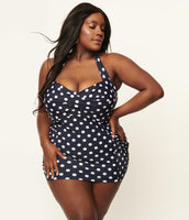 Navy & White Polka Dot Pinup Sheath One Piece Swimsuit